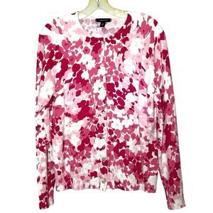 Lands End Women’s Long Sleeve Floral Print Cardigan Pink/White Size Medium